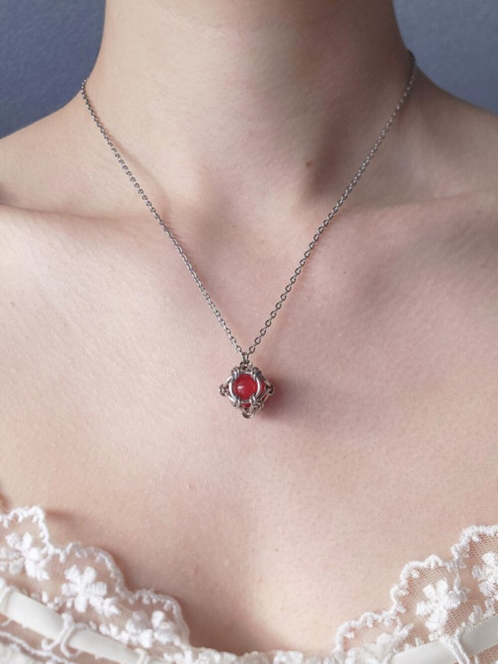 Gothic red and silver necklace with a small silver chain